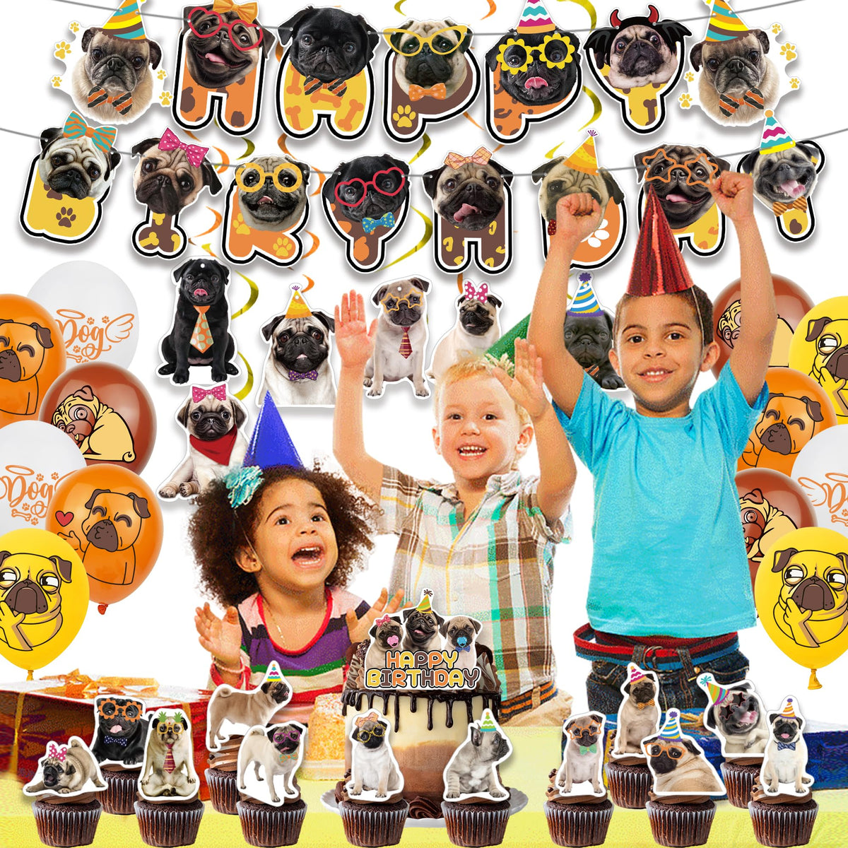 ADIANZI pug party hanging swirls add movement and whimsy to tables and walls.