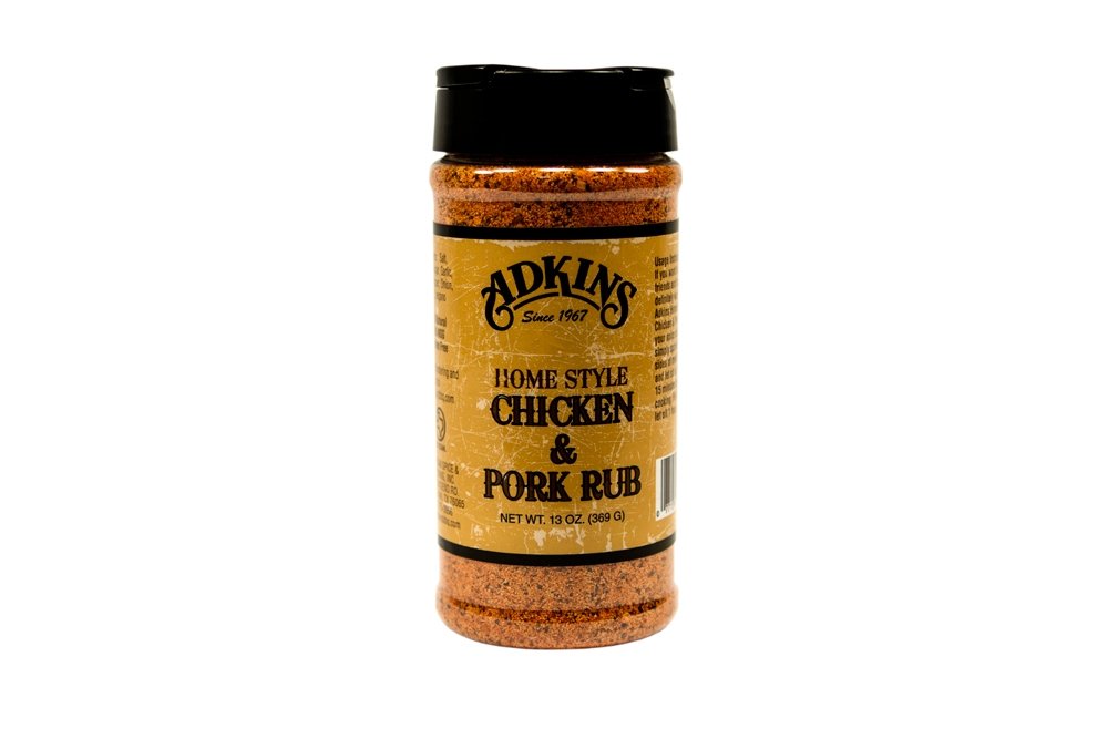 Adkins Chicken and Pork Rub packaging highlights all-natural ingredients for flavorful meals