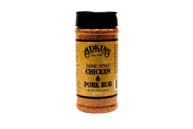 Adkins Chicken and Pork Rub packaging highlights all-natural ingredients for flavorful meals