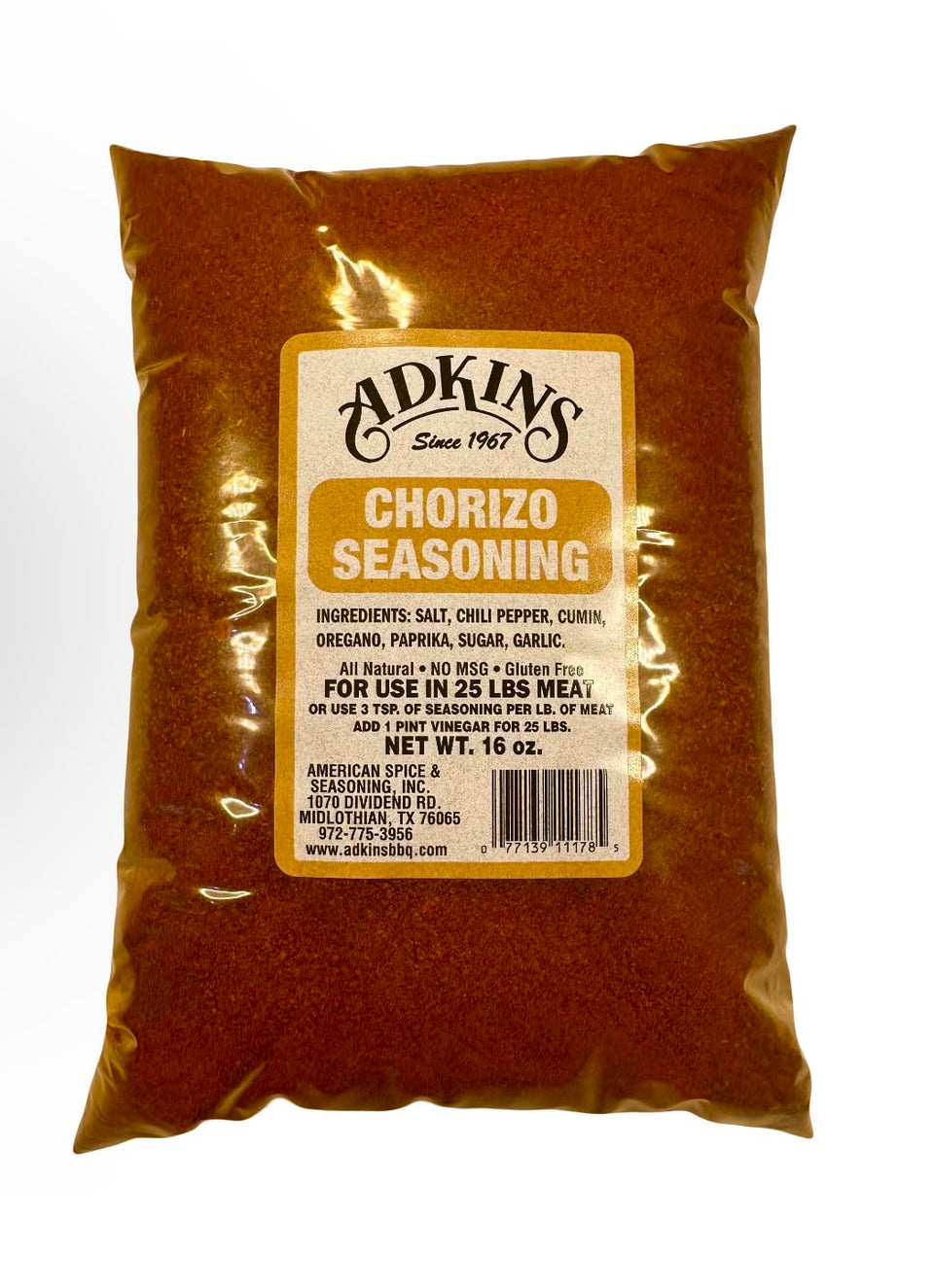 Adkins Chorizo Sausage Seasoning bag front, all natural spice blend ideal for homemade sausage