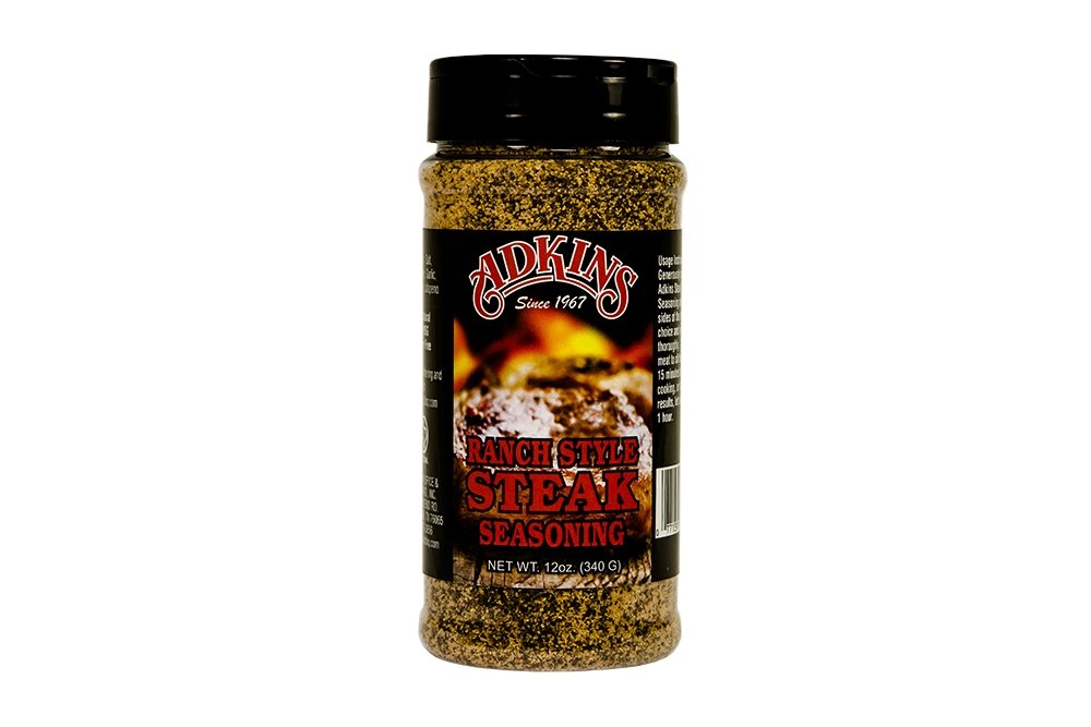Adkins Ranch Style Steak Seasoning bottle front label highlights all natural ingredients.