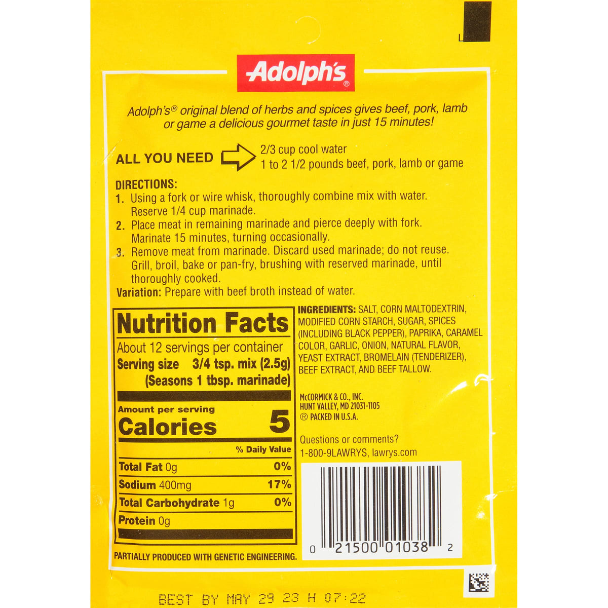 Adolph's marinade applied to pork, beef, and lamb for juicier results