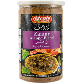 Adonis Zaatar Aleppo Blend packaging front view, authentic Lebanese spice for grilling and dips.