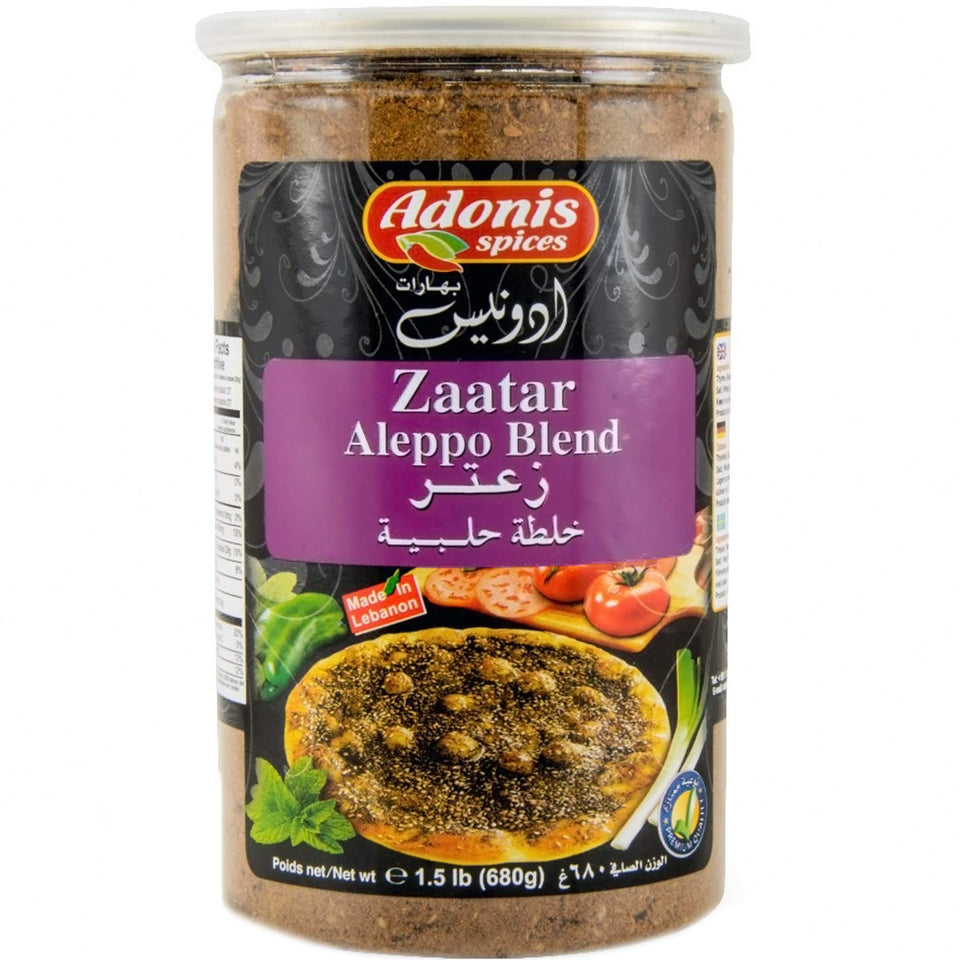 Adonis Zaatar Aleppo Blend packaging front view, authentic Lebanese spice for grilling and dips.