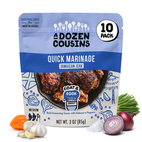 A Dozen Cousins Jamaican Jerk sauce packaging for quick coat-and-cook marination