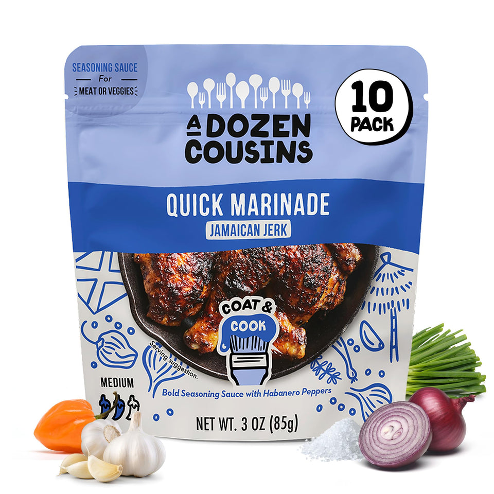 A Dozen Cousins Jamaican Jerk sauce packaging for quick coat-and-cook marination