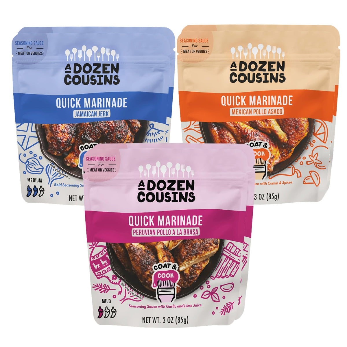 A Dozen Cousins Quick Chicken Marinade Variety Pack packaging for easy weeknight meals.