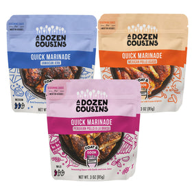 A Dozen Cousins Quick Chicken Marinade Variety Pack packaging for easy weeknight meals.