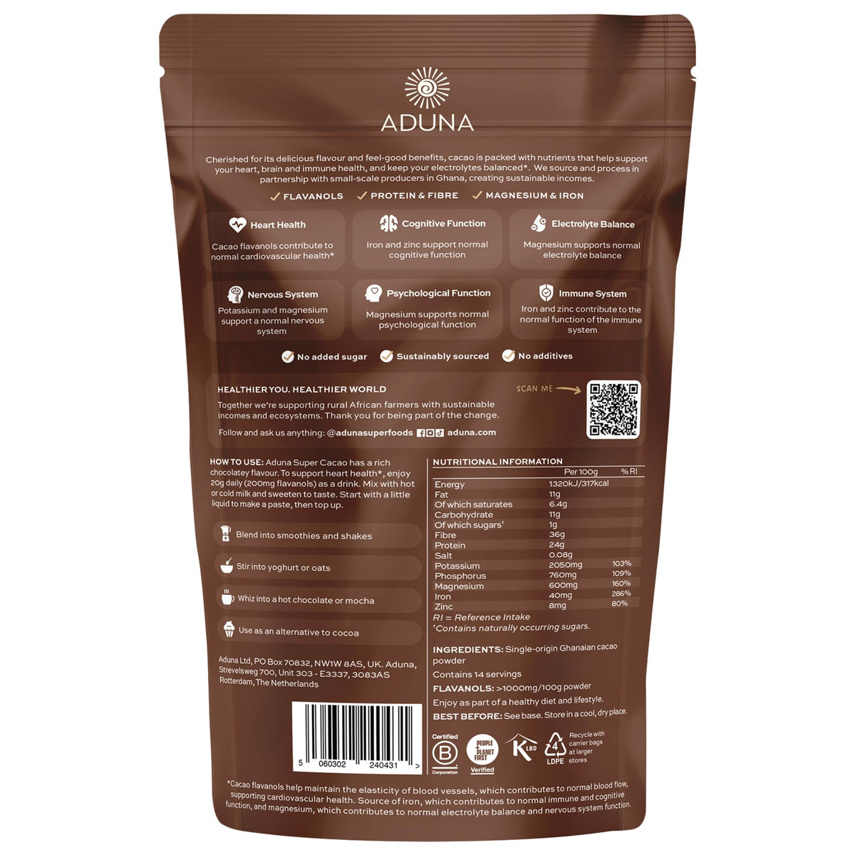 Aduna branding packaging emphasizes natural cacao and Ghanaian roots
