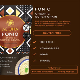 Close-up of dry Aduna Fonio grains showing light texture and nutty aroma