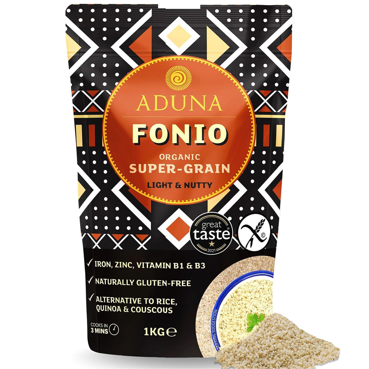 Aduna Fonio 1kg packaging highlighting gluten-free grain for everyday meals