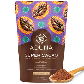 Aduna Super-Cacao Powder tin 275g on shelf for convenient vegan cacao use