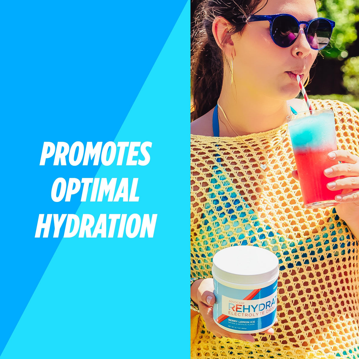 AdvoCare Rehydrate bottle close-up highlights electrolyte blend for balanced hydration