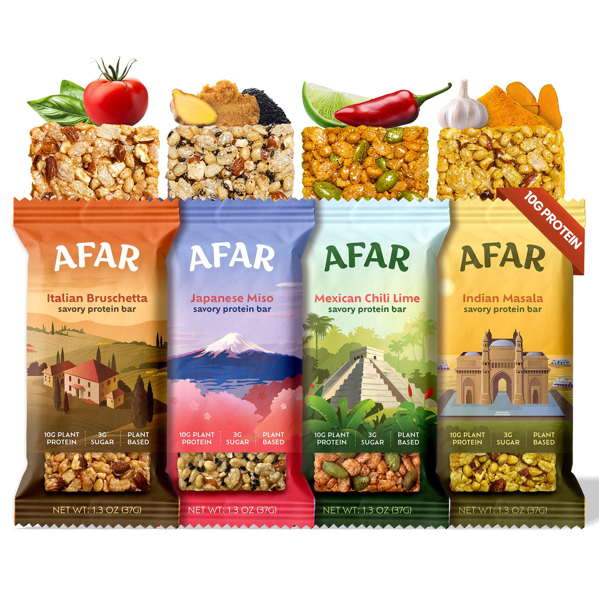 Afar Savory Protein Bars variety pack front, grab-and-go snack option for busy days.