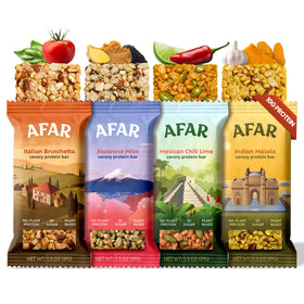 Afar Savory Protein Bars variety pack front, grab-and-go snack option for busy days.