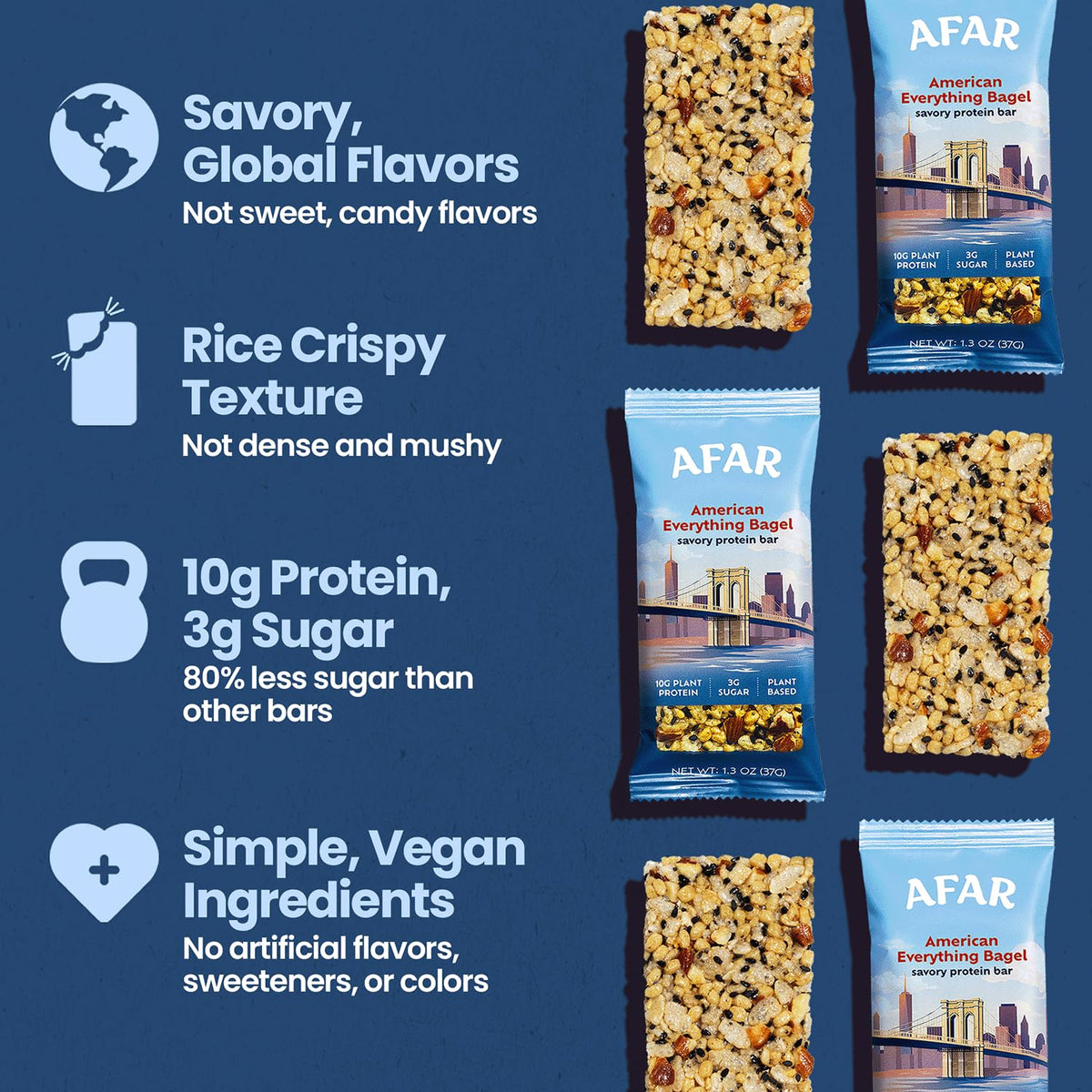 Afar Savory Protein Bars nutrition panel showing 170 calories and 10g protein.