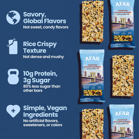 Afar Savory Protein Bars nutrition panel showing 170 calories and 10g protein.