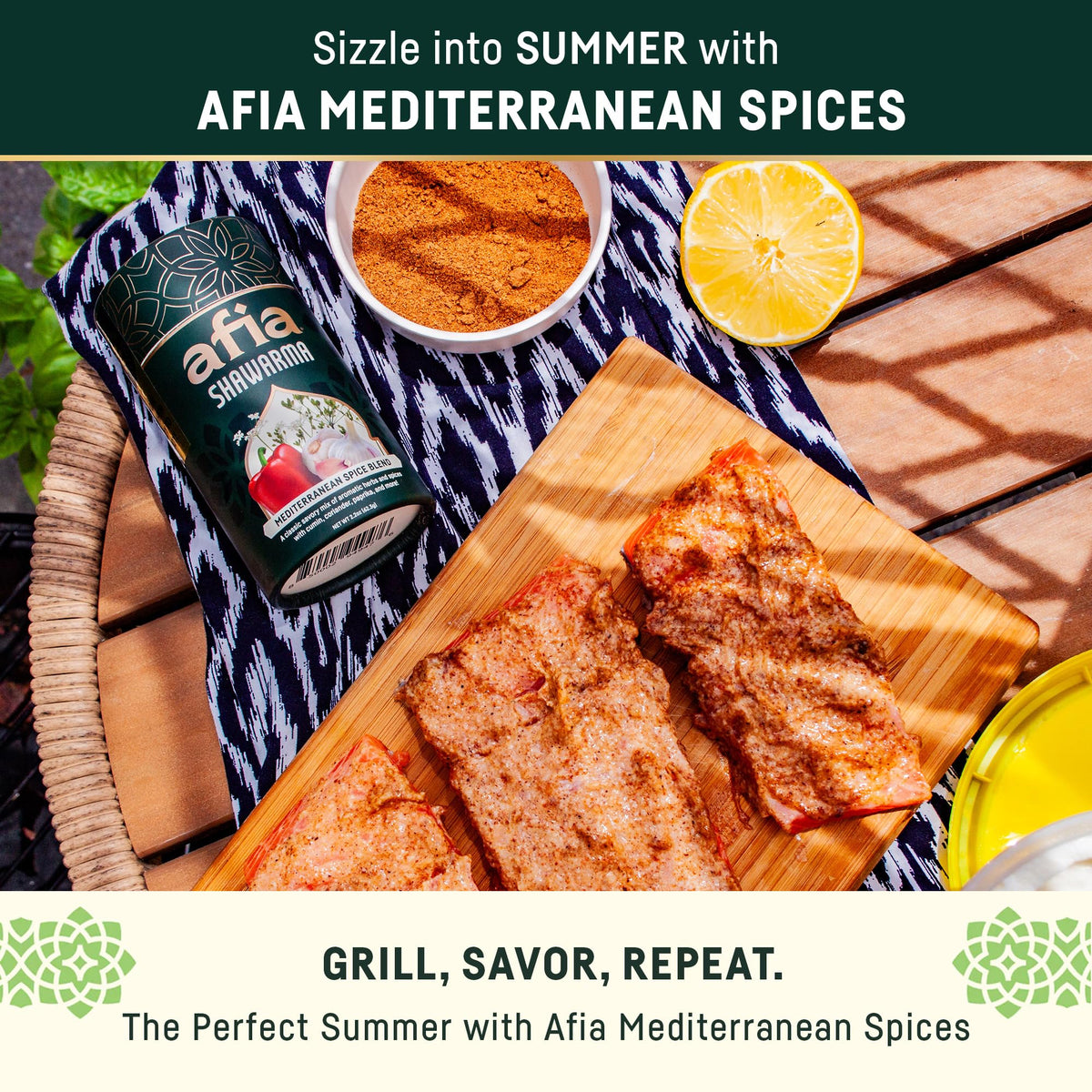 AFIA 2oz shawarma seasoning packaging on kitchen shelf.