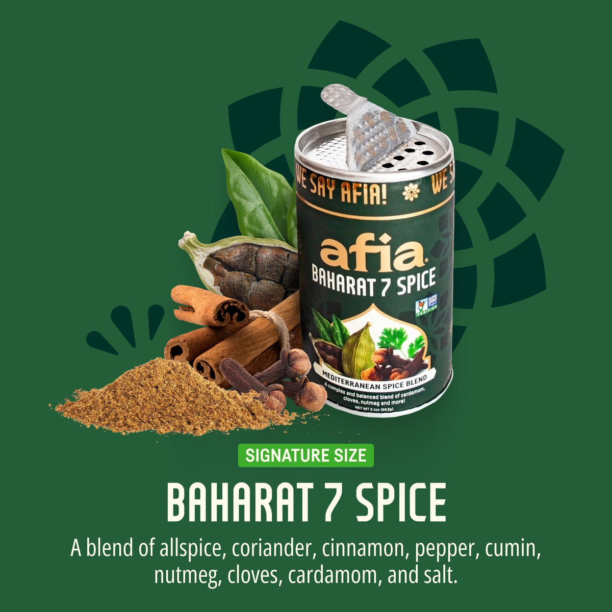 Close-up of AFIA Baharat spice blend with cinnamon and clove notes.