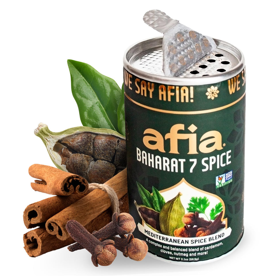 AFIA Baharat spice blend shaker top on kitchen counter for easy seasoning.