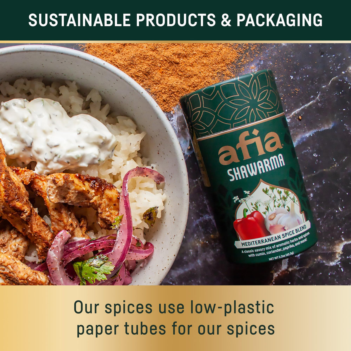 AFIA shawarma spice dusting on meat for even grilling.