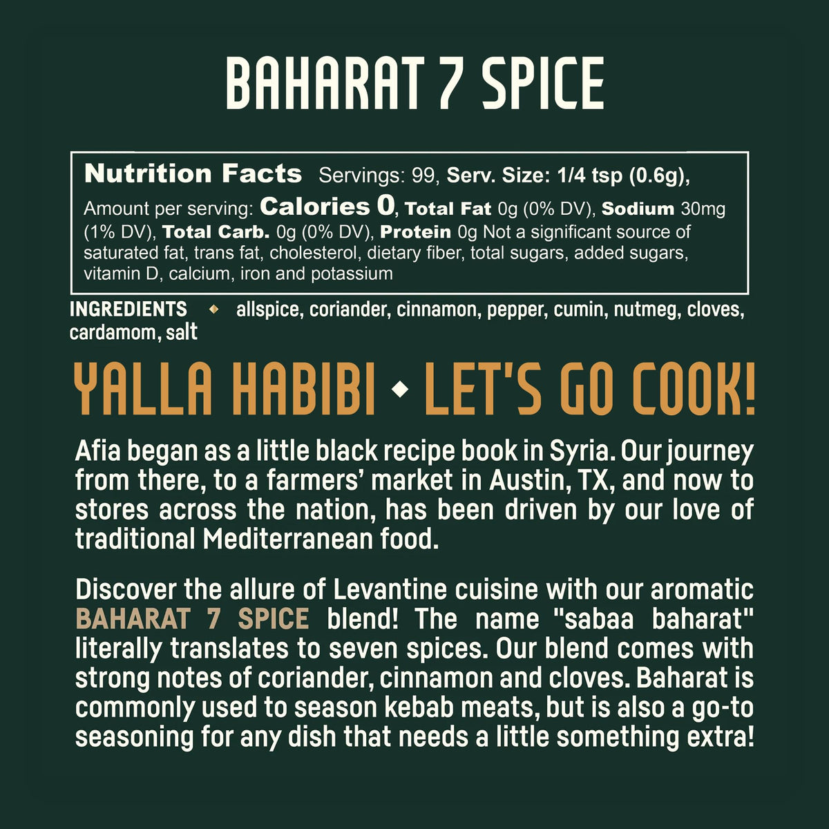 Grilled meats gain depth using AFIA Baharat on the table-ready shaker.