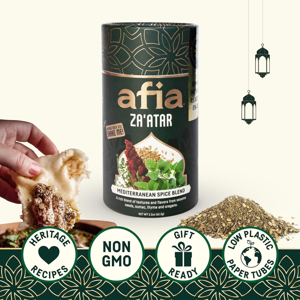 AFIA Za'atar ingredients close-up reveals sesame and sumac for bold flavor.