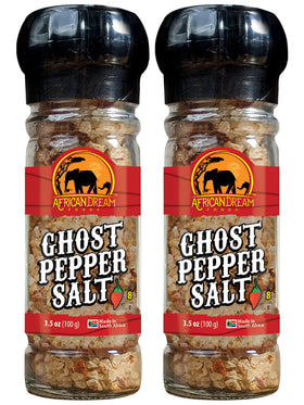 African Dream Foods Ghost Pepper Salt bottle front ready to season meals.