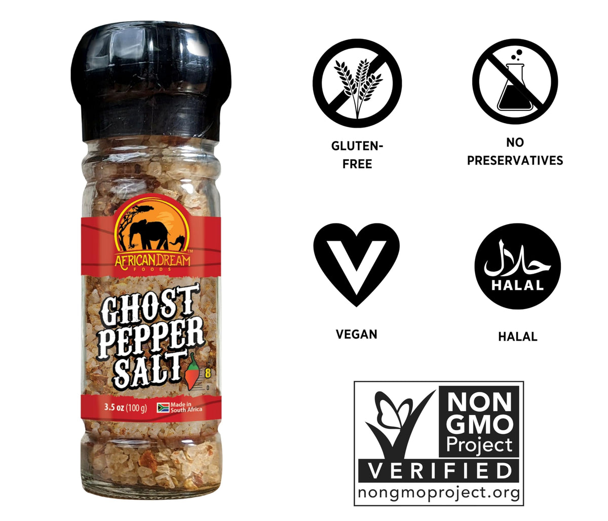 African Dream Foods Ghost Pepper Salt grinder on kitchen counter for easy twist seasoning.
