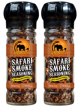 African Dream Foods Safari Smoke Seasoning bottle highlights smoky flavor for meats and vegetables.