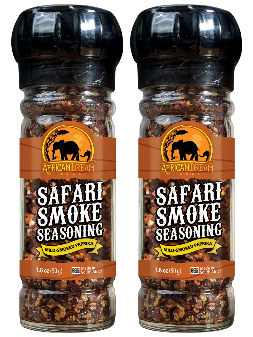 African Dream Foods Safari Smoke Seasoning bottle highlights smoky flavor for meats and vegetables.