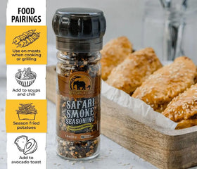 African Dream Foods Safari Smoke Seasoning label shows halal and non-GMO attributes.