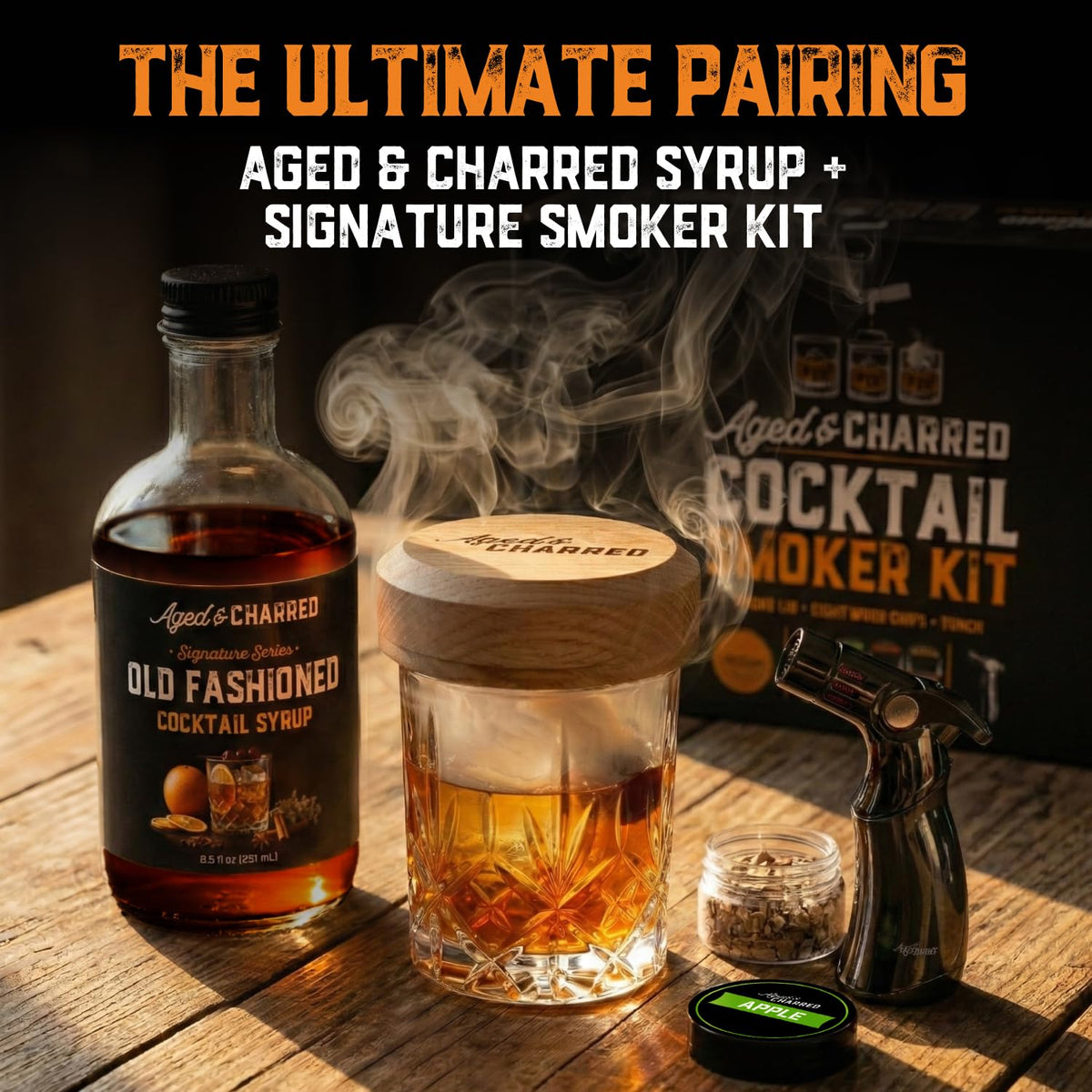 Open bottle of Aged and Charred syrup with pour spout for quick mixes.