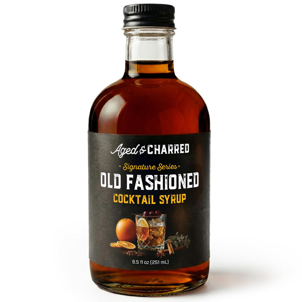 Aged and Charred Old Fashioned syrup bottle close-up for easy, balanced cocktails.