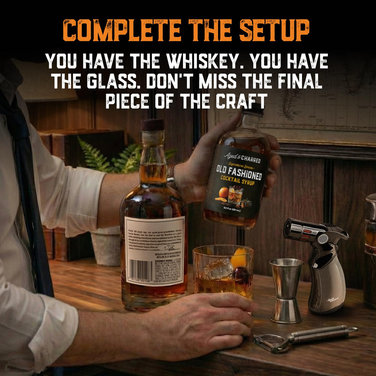 Stirred cocktail featuring Aged and Charred mix for a classic feel.