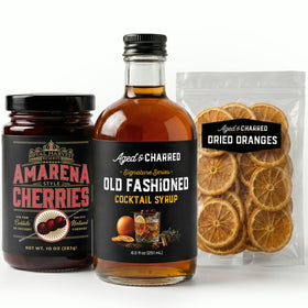 Aged & Charred amarena cherries in a bottle for rich Old Fashioned flavor