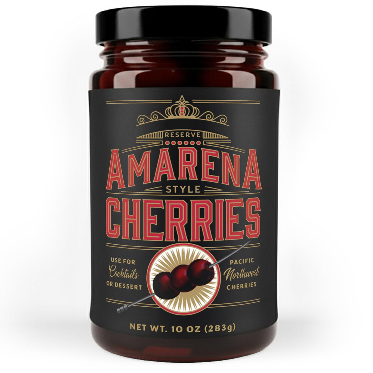 Aged & Charred Amarena cherries jar front for premium cocktail garnish.