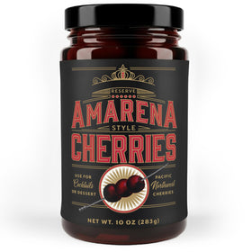 Aged & Charred Amarena cherries jar front for premium cocktail garnish.