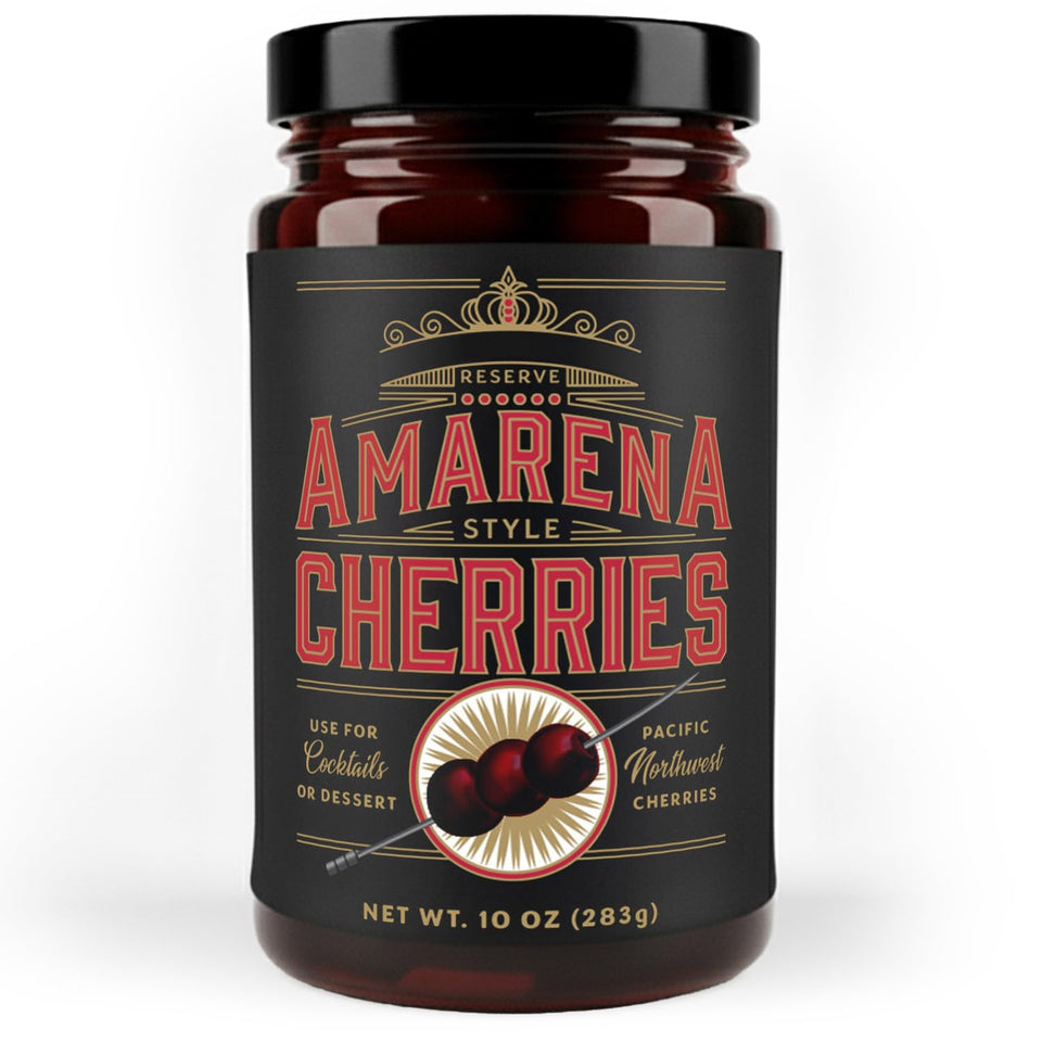 Aged & Charred Amarena cherries jar front for premium cocktail garnish.