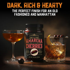 Aged & Charred Amarena cherries syrup closeup highlighting rich flavor and texture.