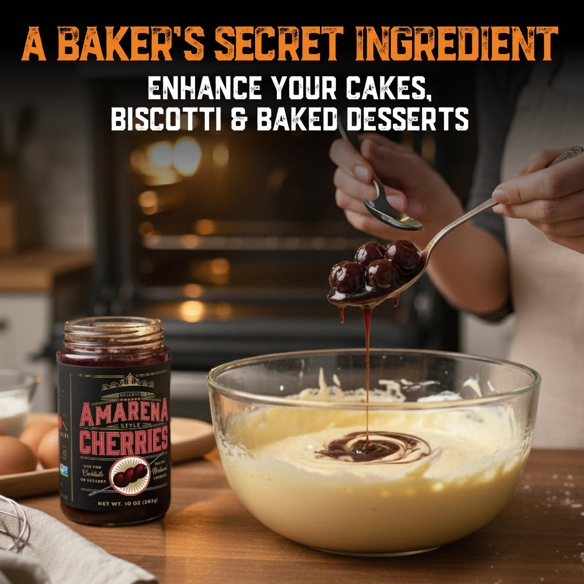 USA-made label on Aged & Charred Amarena cherries jars.