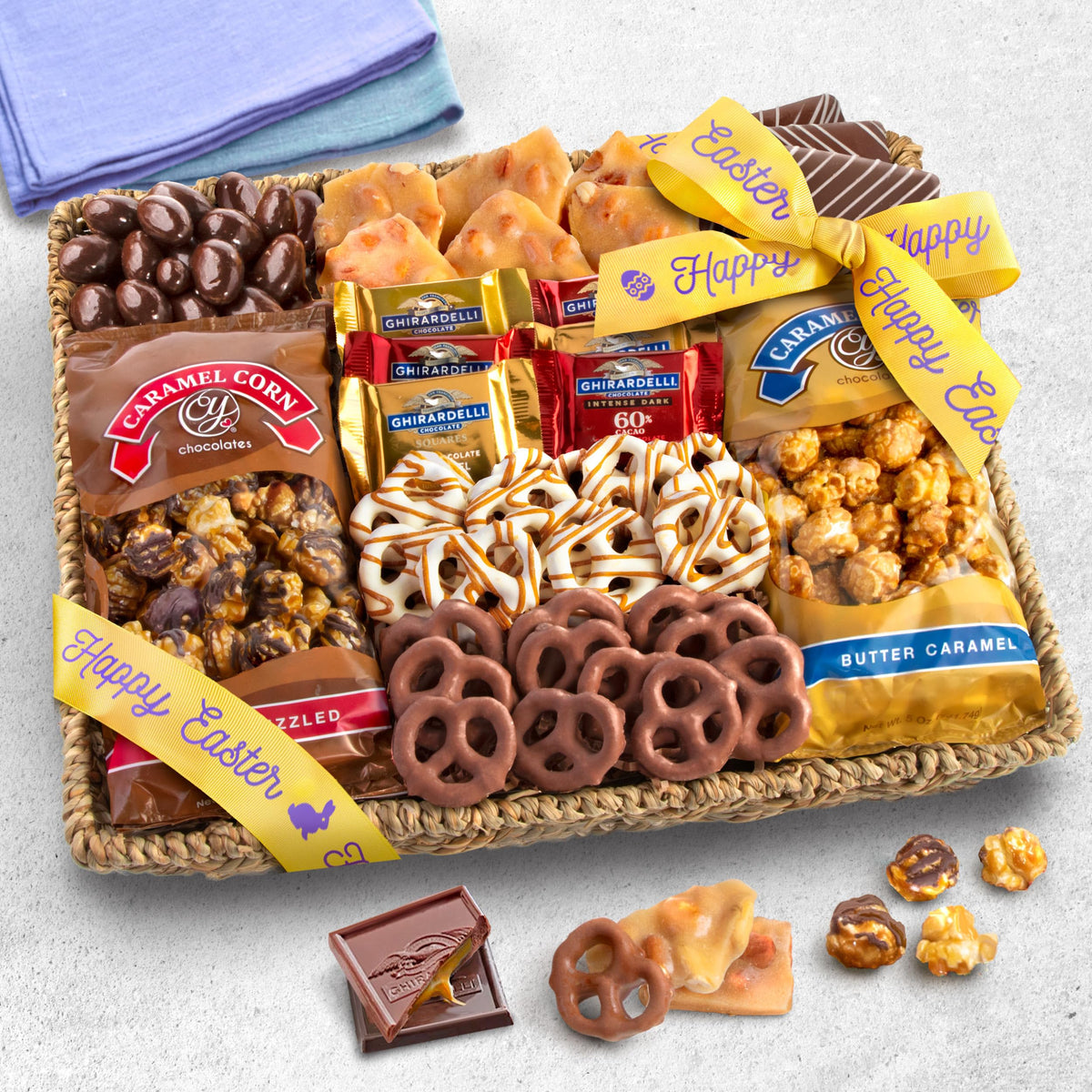 A Gift Inside chocolate and caramel corn with seagrass basket ready for gifting.