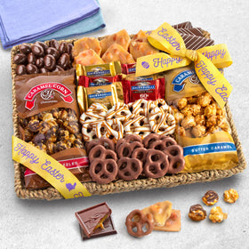 A Gift Inside chocolate and caramel corn with seagrass basket ready for gifting.