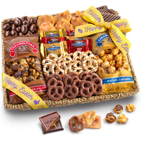 A Gift Inside Happy Easter basket closeup showcasing handmade chocolates and caramel corn.