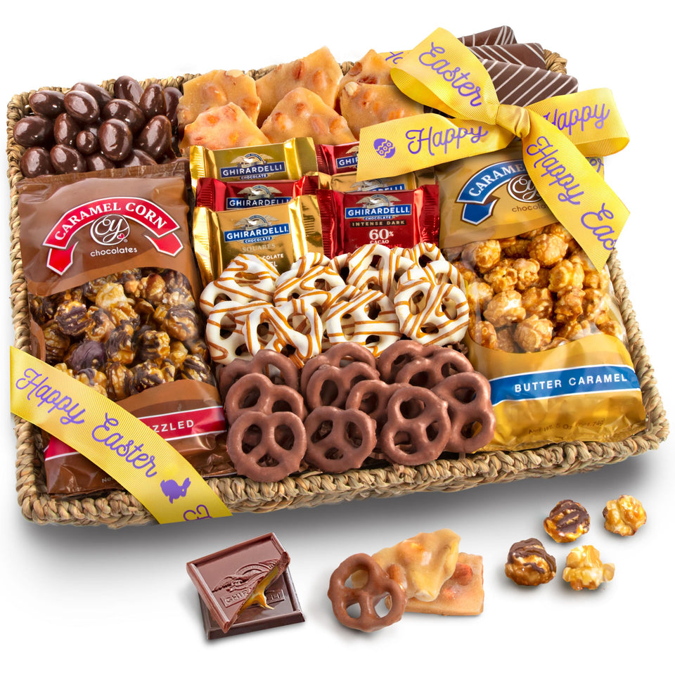 A Gift Inside Happy Easter basket closeup showcasing handmade chocolates and caramel corn.
