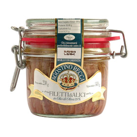 Agostino Recca anchovies in olive oil jar on countertop delivering rich, versatile flavor
