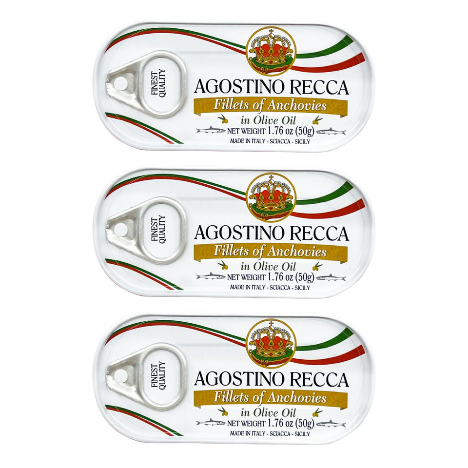 Agostino Recca anchovies in olive oil tin with premium fillets for elevated dishes.