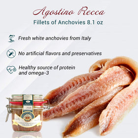 Agostino Recca anchovies on fork close-up showcasing delicate fillets for sauces