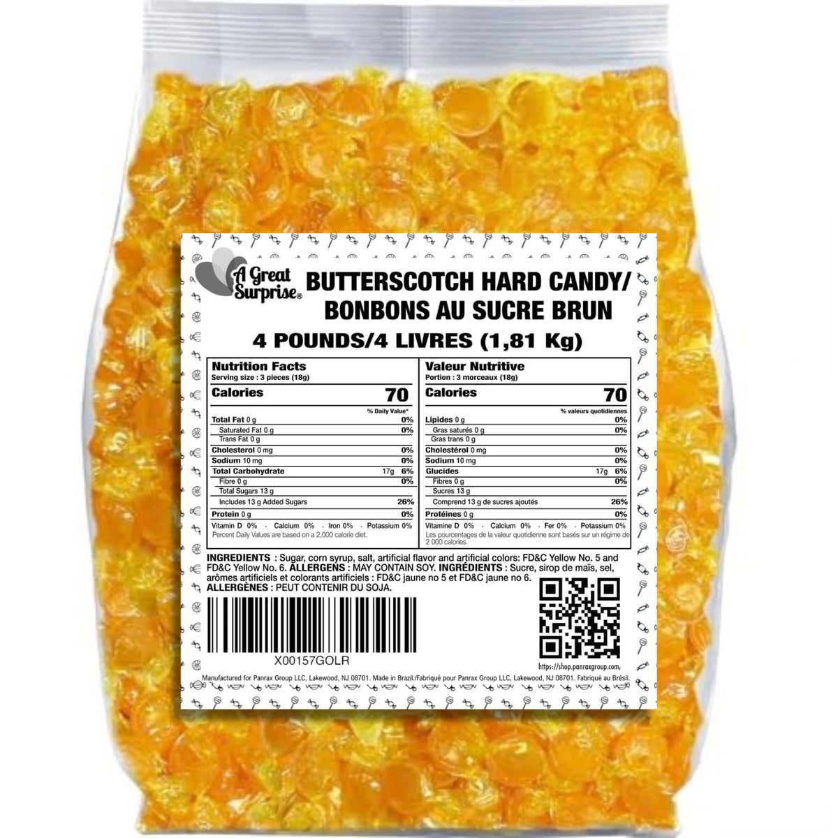 Packaging shows allergen note for A Great Surprise butterscotch discs