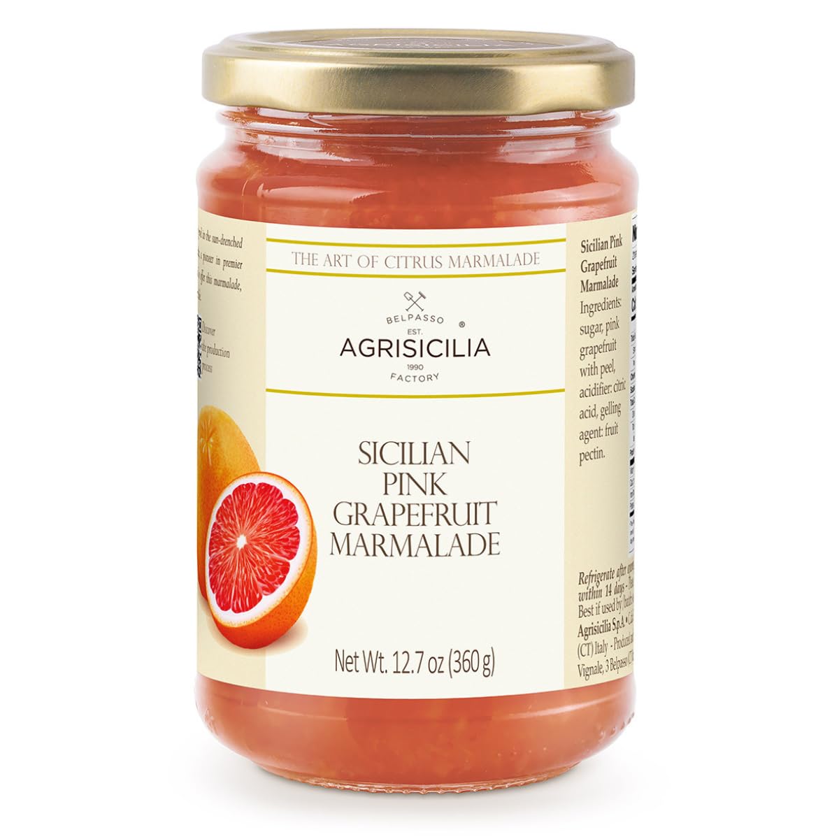 Agrisicilia pink grapefruit marmalade in a glass jar, perfect for toast and breakfast brightness.